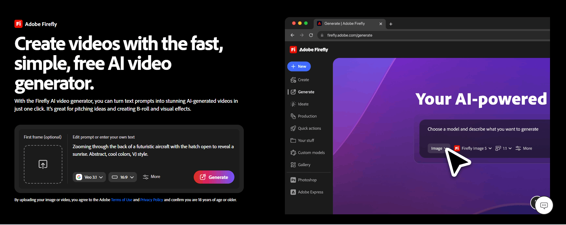 Adobe FireFly video generator dashboard interface